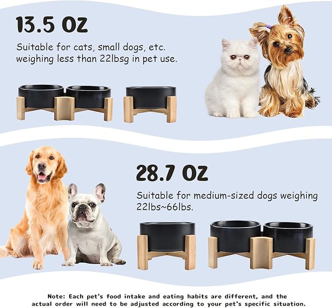 SPUNKYJUNKY 15° Slanted Ceramic Dog and Cat Bowl with Wooden Stand, Tilted Bulldog Food and Water Bowl No Slip Non-Spill for Cats Medium Dogs Big Face Pets 13.5 OZ (1.7 Cups, Black × 2)