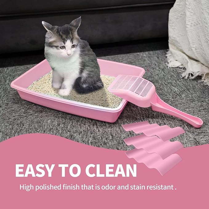 PAWISE Cat Litter Box Set, Small Kitten Starter Kit, Includes Litter Box, Litter Scoop, Double Dish Feeding Bowl, Cat Mouse Toy, Kitty Ball Toy, Pink