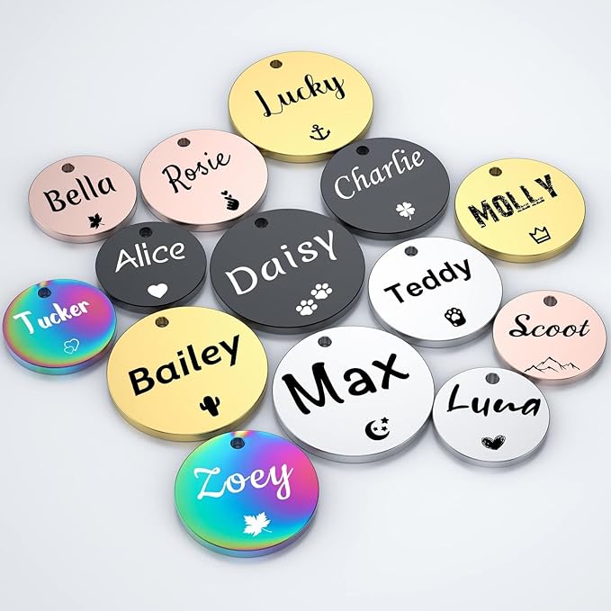 YEHANTI Dog Tags Engraved for Pets Personalized, Custom Stainless Steel Dog Tags and Cat Tags with Various Cute and Beautiful Icons, Double Sided Engraved Pet ID Tags Dog Name Tag, Round