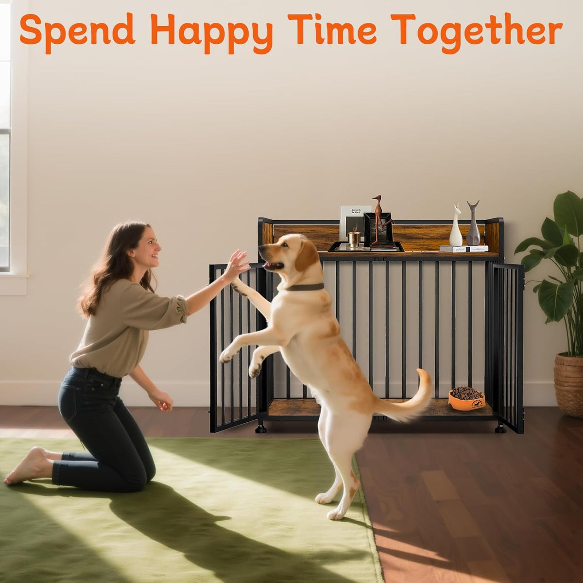 Dog Crate Furniture End Table with Table Guardrail, Heavy Duty Large Dogs Cage, 42 Inch Dog Kennel, Medium Large Dogs House Decorative Pet Crate Indoor