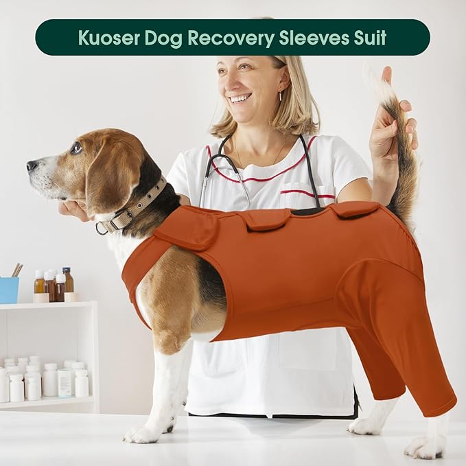 Kuoser Recovery Suit for Rear Legs, Thigh Wound Protective Sleeve, Recovery Sleeve for Female Male Dogs, Onesie After Surgery, Pet Surgical Suit for Spay Neuter, Brown M