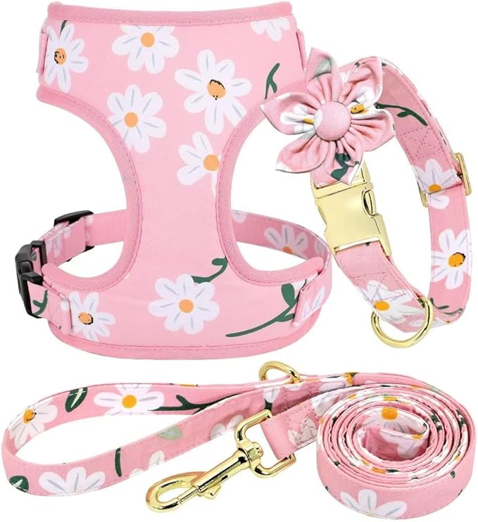 Beirui Cute Girl Dog Collars, Harnesses & Leashes Set - Adjustable Dog Collar and Leash Set with Flower - Soft Mesh Dog Vest Harness for Puppies Small Medium Dogs (Pink-1,S)