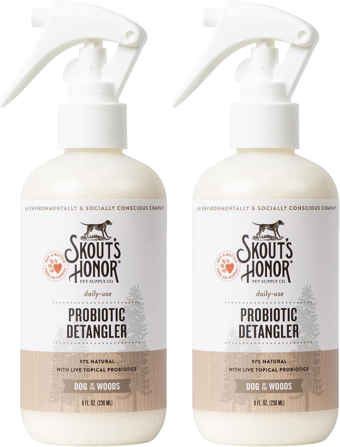Skout's Honor Pet Detangler Spray - Hydrating & Conditioning with Avocado Oil & Probiotics, 97% Natural, Paraben & Sulfate-Free, softens for a brushable Coat, Daily Use, 8oz, Dog of The Woods, 2-Pack