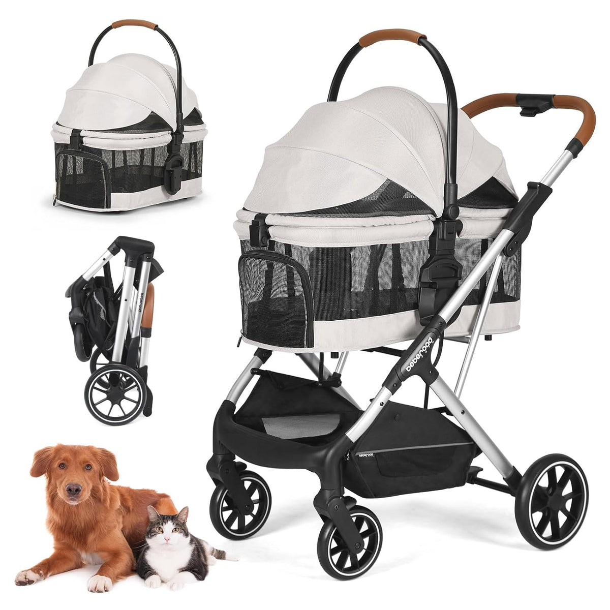 T6 Luxury Pet Stroller for Medium Dogs Up to 66lbs or 2 Small Pets – 3-in-1 Dog & Cat Stroller with Removable Carrier, Foldable & Lightweight (Beige & Net Wall)