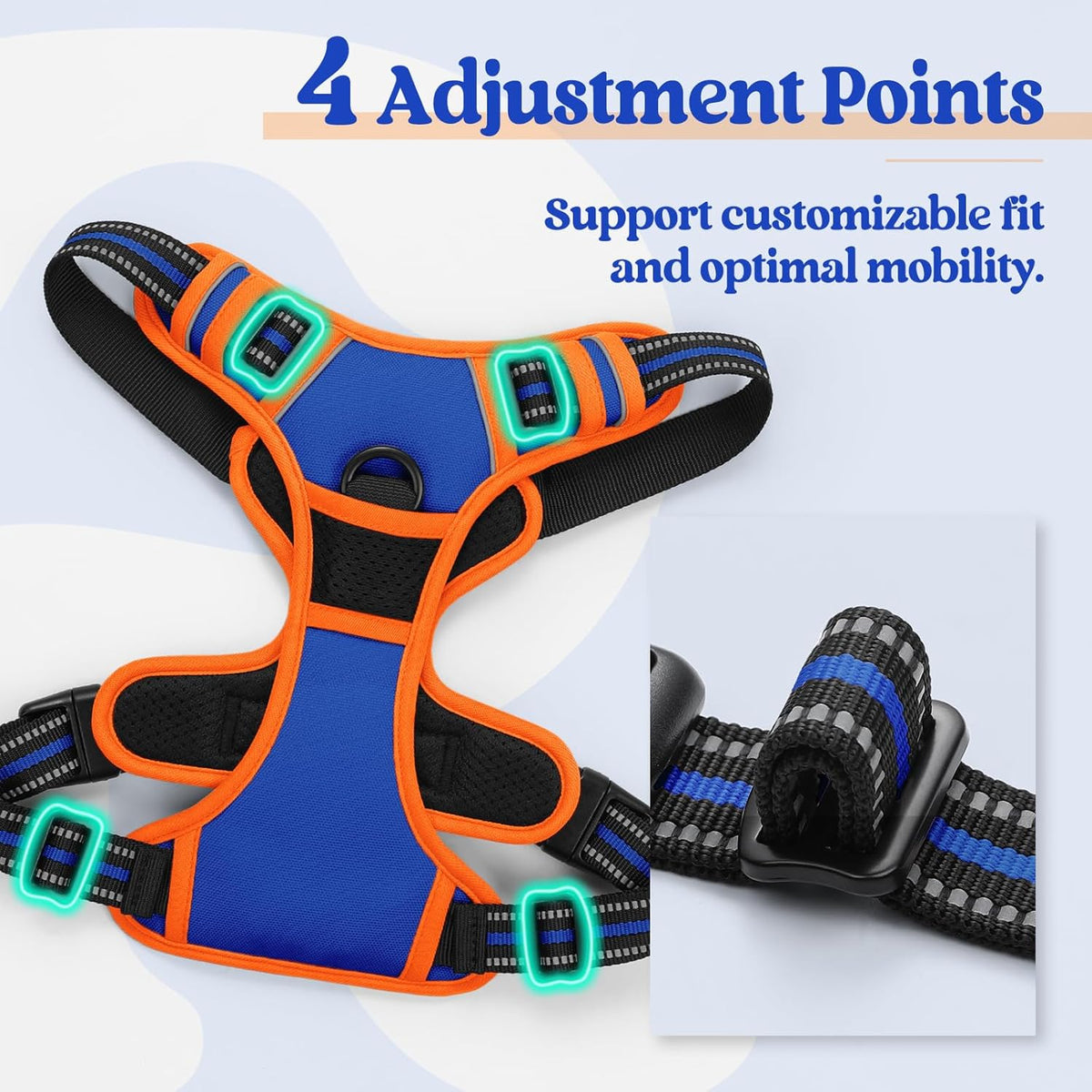 rabbitgoo Dog Harness No Pull with 2 Leash Clips, Adjustable Soft Padded, Reflective Oxford No Choke Pet Vest with Easy Control Handle for Large Dogs, Blue & Orange, XL