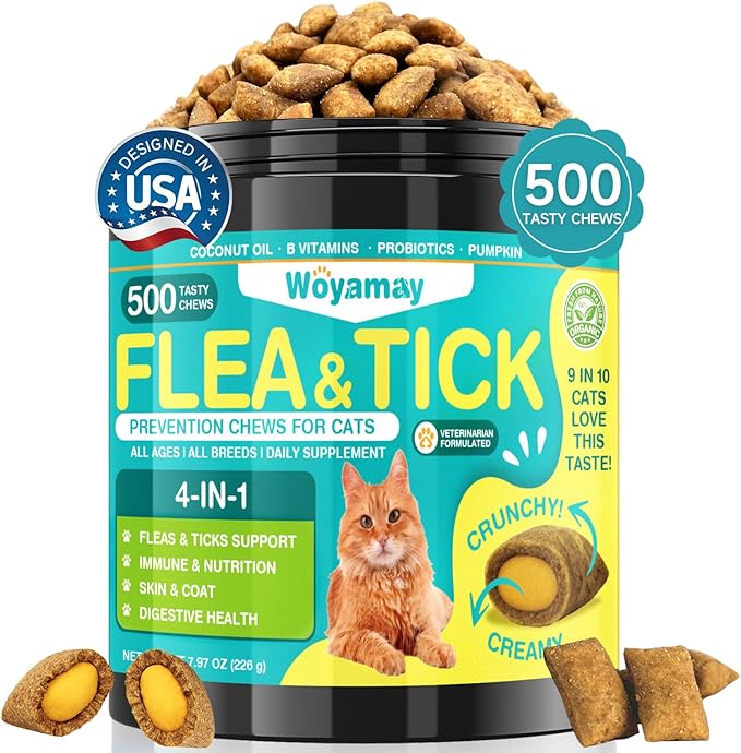 4-IN-1 Flea and Tick Prevention for Cats, 500 Crunchy & Creamy Chews, Cat Flea Treatment, Natural Oral Flea Treatment for Cats, Daily Support for Flea, Immune, Skin & Coat, Gut, Chicken Flavor