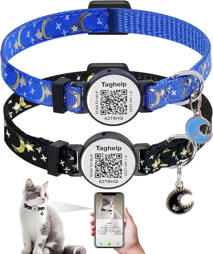 2 Pack Stars and Moon, Solid & Safe Safety Plaid Kitten Collars with QR ID Tag for Girl Boy for Cats, Pet Collar, Breakaway Cat Collar,Silent, Lightweight,Durable QR Code Pet ID Tags (Black&Blue)