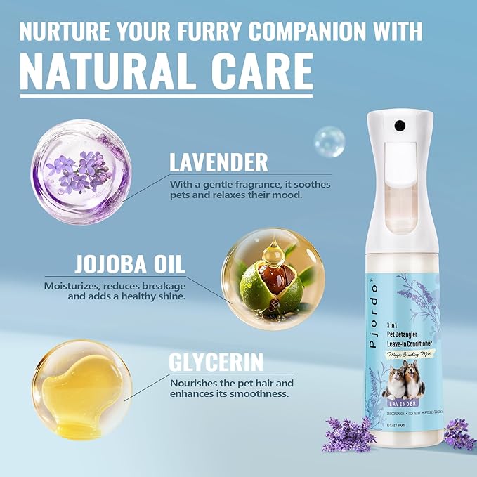 Dog Detangler Grooming Spray 10 Fl Oz, Leave in Pet Conditioner for Hair Dematting, Dry Skin & Pet Fur Shedding, Deodorization & Itch Relief & Reduces Tangles, Suitable for All Coat Types
