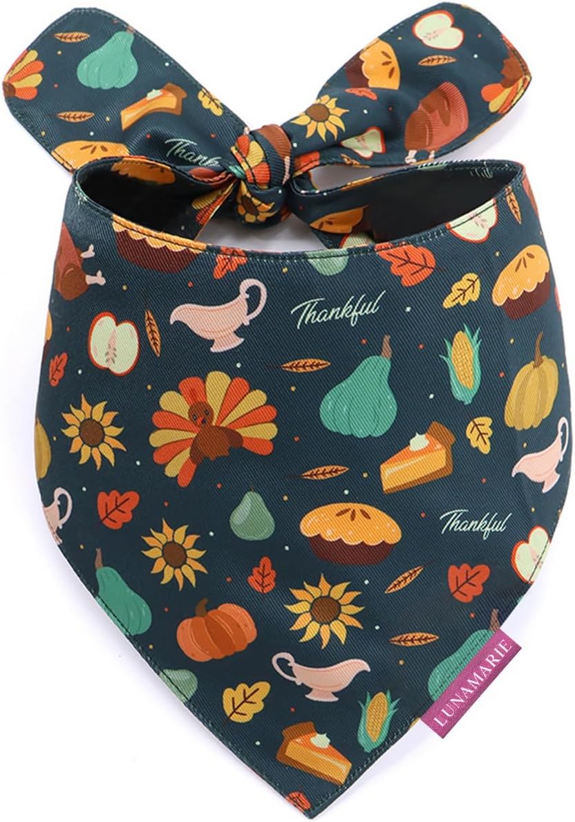 LunaMarie - Luxury Pet Birthday Bandanas -Premium & Silky Poly Fabric | 100% Handmade | Custom Shape Dual Layered (Thanksgiving, Medium)