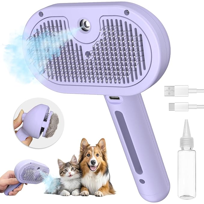 3-in-1 Self-Cleaning Brush for Shedding Dogs and Cats - Removes Static, Tangles, and Loose Hair (Purple)