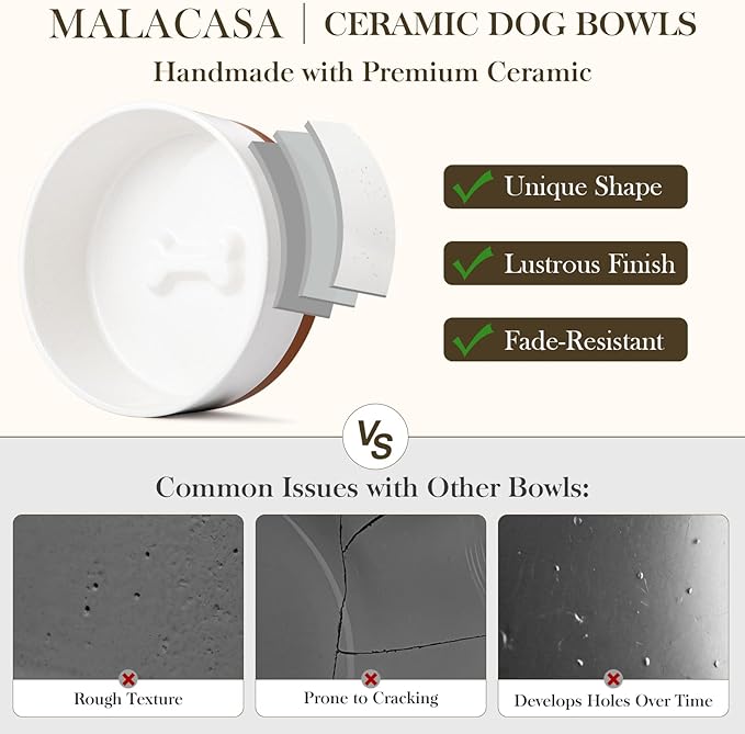 MALACASA Ceramic Dog Bowls, Dog Bowls for Medium Sized Dogs with Wood Stand - Pet Food & Water Bowl Set for Cat Medium Dogs, Weighted Glaze Matte.34 OZ (M-3.5 Cups)