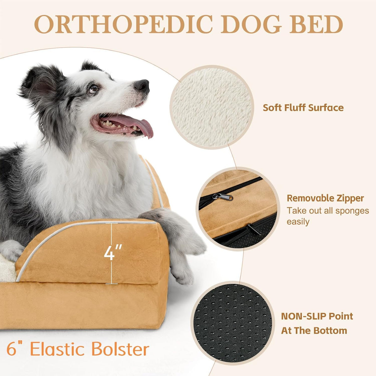 Comfort Expression Medium Dog Beds Waterproof Orthopedic Foam Dog Sofa Beds for Medium Large Dogs Comfy Pet Bed with Washable Removable Cover & Non-Slip Bottom(Medium,Khaki)