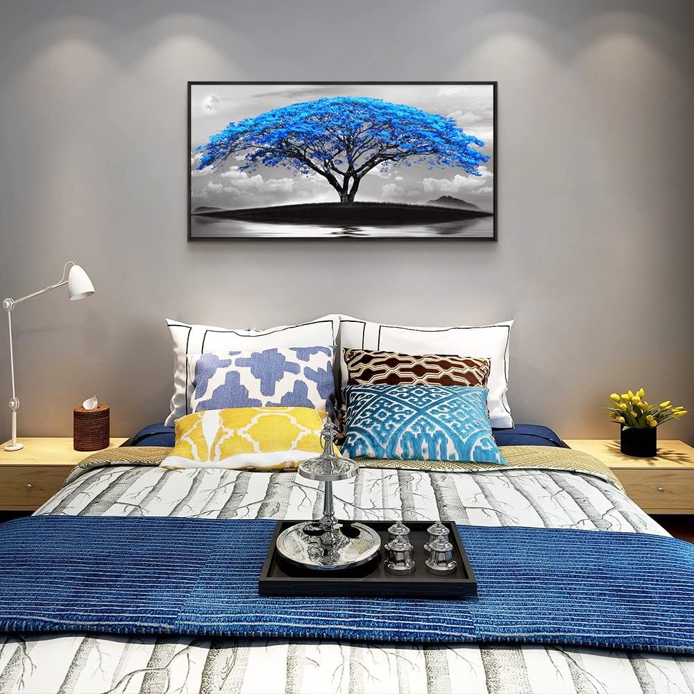 Framed Canvas Wall Art For Living Room Large Size Office Wall Decor Bedroom Decor Wall Pictures Artwork Black And White Landscape Blue Tree Moon Wall Painting Home Decorations Black Frame 20" X 40"