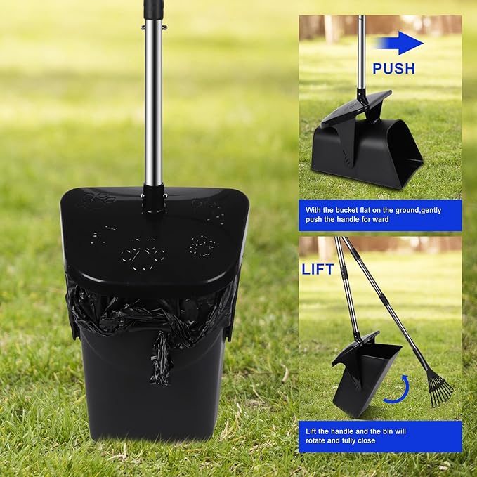 Dog Pooper Scooper with 20 Bag Attachment Long Handle Swivel Bin, Rake Heavy Duty Pooper Scooper for Large Medium Dogs Easy to Clean Poop Scooper for Yard, Grass, Gravel