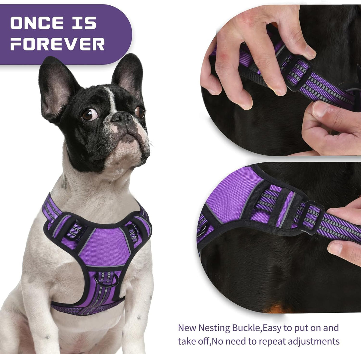 BUMBIN Dog Harness for Large Dogs, No Pull Adjustable No Choke Pet Vest with Dog Leash Fit Smart Reflective Pet Walking Harness for Training Easy Control Soft Handle Purple S