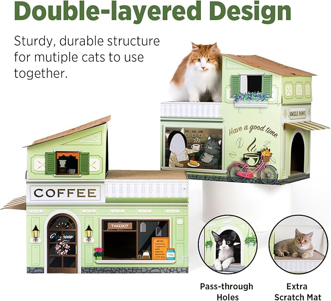 Cat Beds for Indoor Cats, Cardboard Cat House with Scratchers, Coffee Shop, Large Sturdy Cat Furniture Condo Cave Tent, Easy to Assemble Pet Toys Accessories Stuffs, Bunny Small Animals