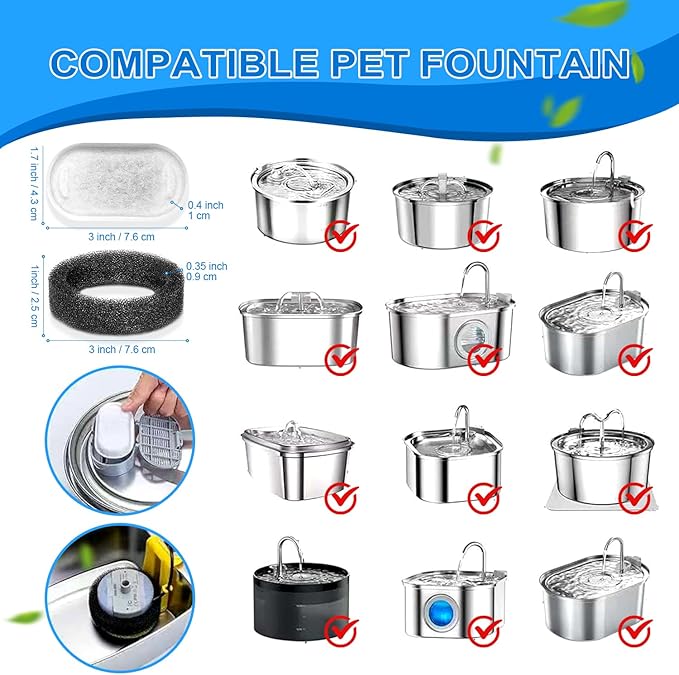 Cat Water Fountain Filters, 20Pack Cat Fountain Replacement Filters for Stainless Steel 108oz/3.2L& 67oz/2L adjustable Water Flow Pet Water Fountain,Dog Water Fountain Filters（10 Filters& 10 Sponges)