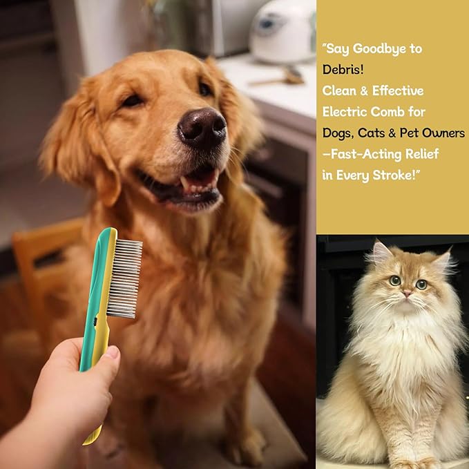 Premium Flea Comb for Dogs & Cats with Long Hair - 3-Row Stainless Steel Detection Tool with Manual Cleaning Brush | Electric Negative Ion Grooming Comb for Shaggy Dogs, Cats and Long-haired Animals