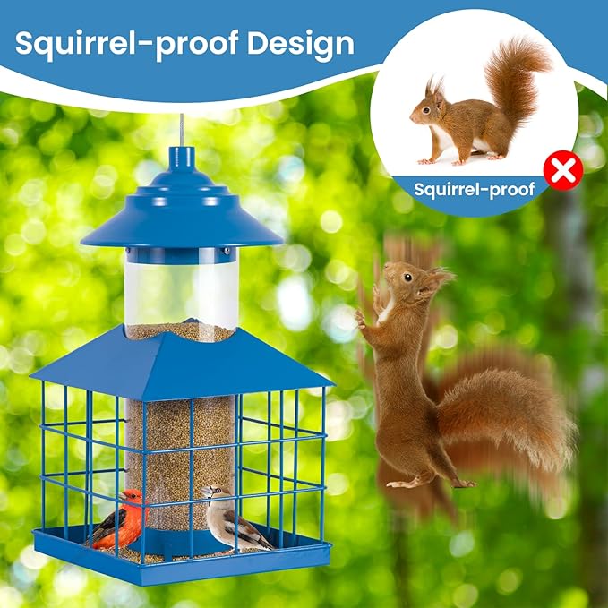 Squirrel Proof Bird Feeder, Hanging Metal Cage Bird Feeders for Outdoors, Weather Resistant Wild Bird Feeders with Finch Cardinal Chickadee, 3.4 LB Large Capacity,Blue