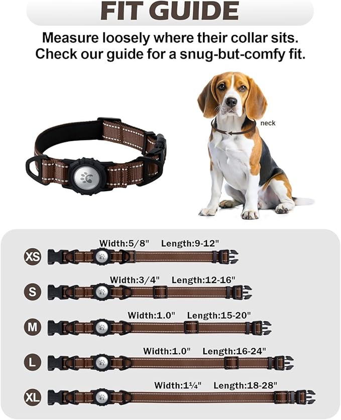 TagME Airtag Dog Collar,Waterproof Reflective Pet Collar with Airtag Holder,Soft Padded and Double D-Rings for Medium Dogs,Brown