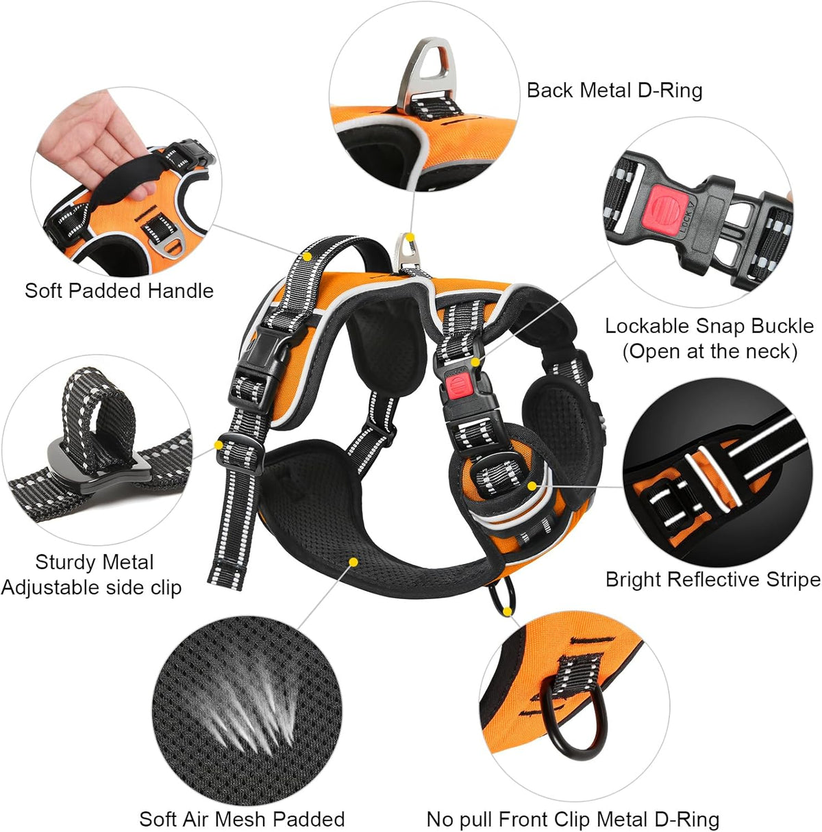 Timos Dog Harness Large Sized, No Pull with Neck Lockable Snap,No Choke Front Clip Dog Reflective Harness,Adjustable Metal Rings 3 Buckles,Easy Control Handle for Large Dogs Orange L