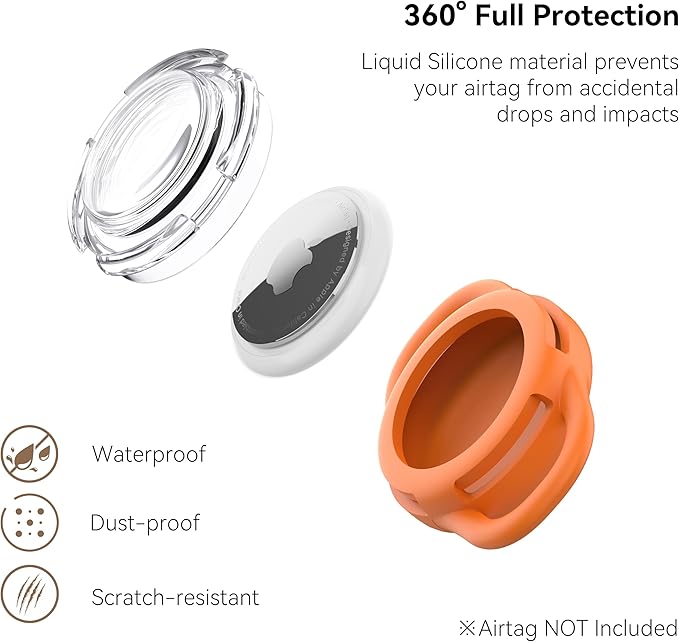 Waterproof Airtag Holder for Dog Collar, Soft Full-Body Protective Airtag Holder for Dog & Cat Collars, Ultra-Durable, Easy Installation, Lightweight Clear Airtag Case (Orange, Small)