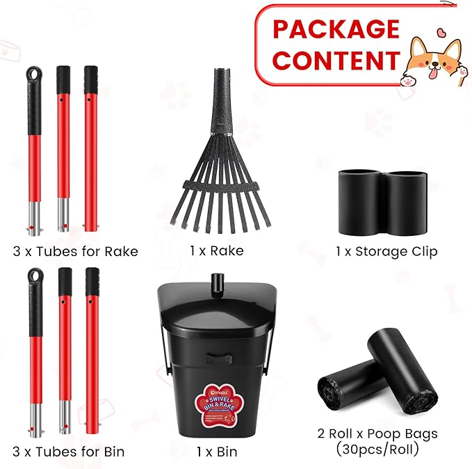 Pooper Scooper Swivel Bin and Rake with 60 Waste Bags, Heavy Duty Dog Poop Scooper for Large Medium Small Dogs, Long Stainless Steel Handle Use on Yard, Grass, Dirt or Gravel
