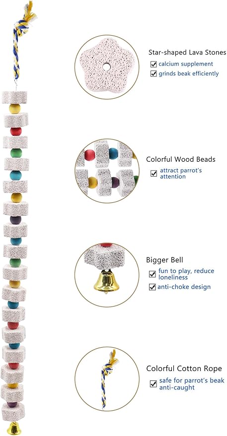 2 Pack 27 Inches Extra Long Bird Chewing Toy, Parrot Beak Grinding Calcium Stone with Bells, Bird Cage Accessories, Cage Toys for Cockatiel Parakeet Parrot Budgies Rat Hamster Rabbit African Grey