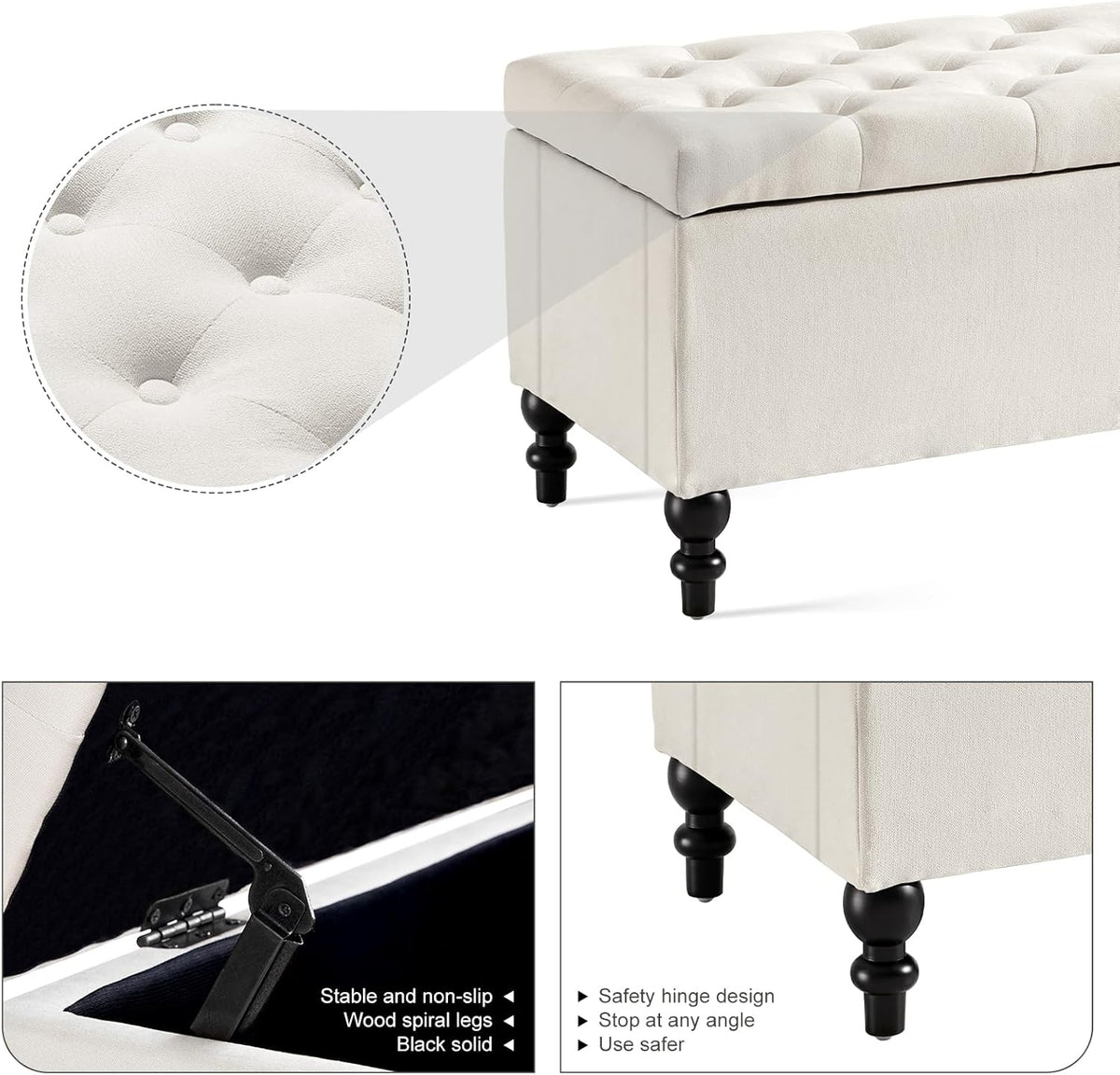 Ottoman with Storage,50.2-inch Upholstered End of Bed Storage Bench for Bedroom,for The Living Room,for Entryway, with Tray & Button and Safety Hinges,Detachable (White)