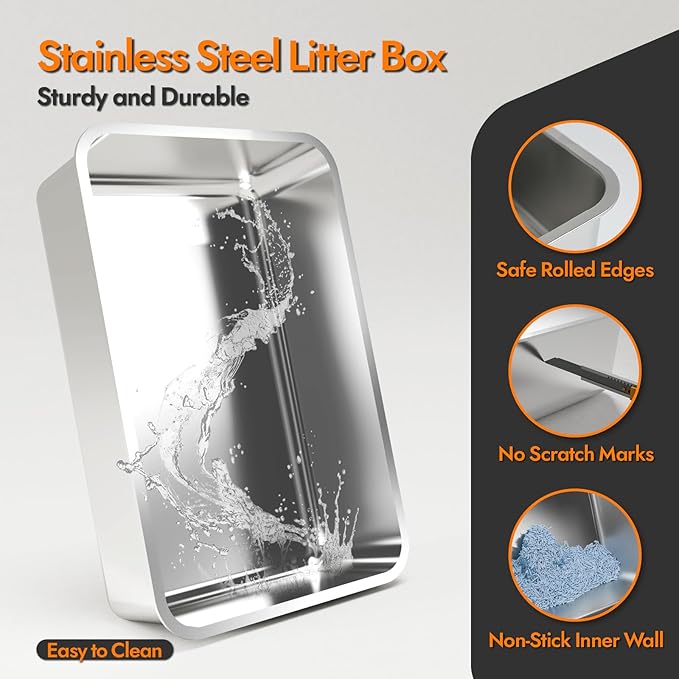 Stainless Steel Cat Litter Box with Lid, 24" L x 16" W x 11.8" H, Large Cat Litter Box for Multiple Cats with High Sided, No-Leak & Stick, Easy to Clean, Includes Litter Mat & Multi Functional Scoop