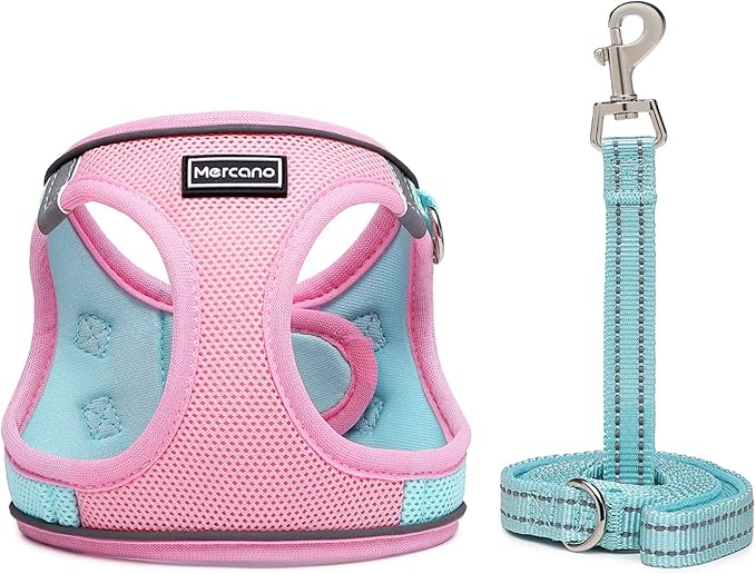 Mercano Soft Mesh Dog Harness and Leash Set, No-Chock Step-in Reflective Breathable Lightweight Easy Walk Vest Harnesses with Safety Buckle for Small Dogs, Cats (XS, Pink Blue)