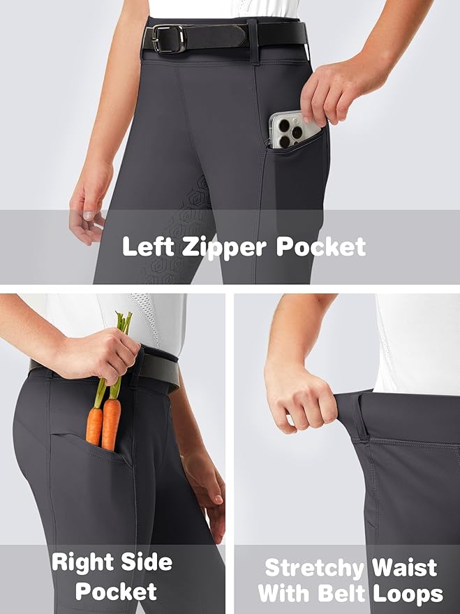 FitsT4 Sports Girls Riding Pants Full Seat Kids Equestrian Breeches Stretchy Youth Horse Schooling Tights Zipper Pockets