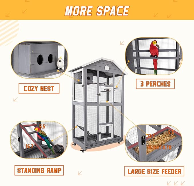 65in Outdoor Bird Aviary with Wheels,Wooden Bird Cage Indoor Finches Cage Flight cage Wire Mesh,Easy Clean Tray Perches Nest Feeder