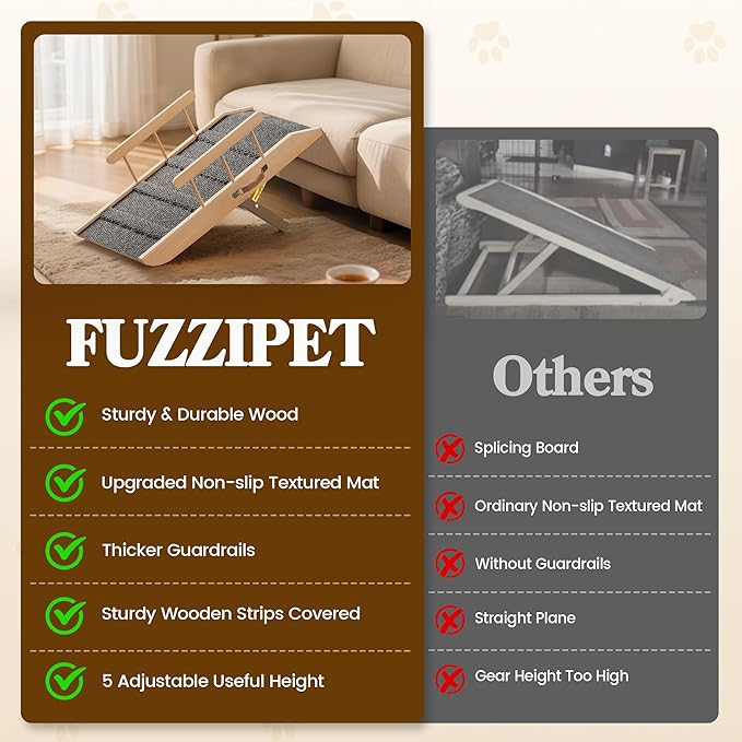 Small Dog Ramp for Bed Couch, Pet Ramp for Small Old Dogs Cats with 5 Adjustable Heights from 7.09" to 12.60", Portable Non-Slip Dog Ramp for High Bed, Couch, Hold up to 100 LBS
