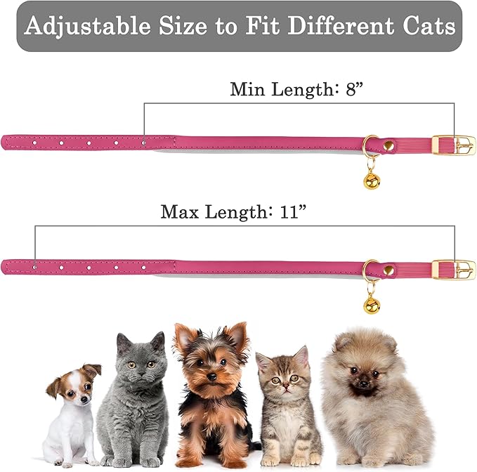 OOPSDOGGY Rolled Leather Cat Collar with Bell - Reflective Kitten Collar with Safety Elastic Strap - Adjustable Small Pet Collars for Boy Girl Cats (Fuchsia)