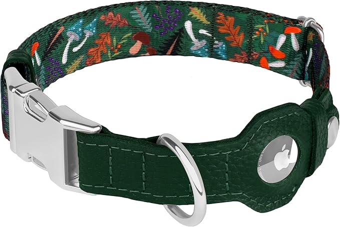 AirTag Dog Collar for Small Medium Large Breed - Adjustable Cute Pattern Dog Collar with Airtag Holder - Soft Leather Tracker GPS Apple Air Tag Pet Collars (X-Large, 20"-25" Neck Fit, Mushroom)