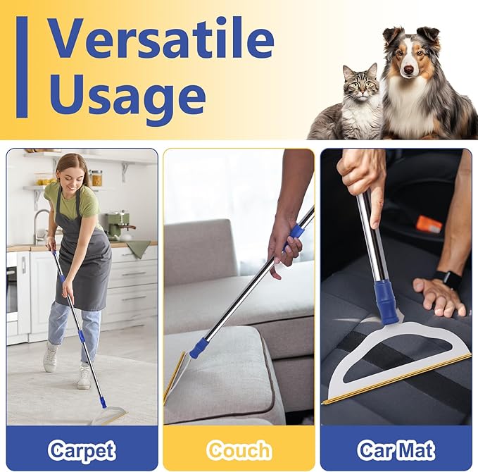 12”Wide Large Metal Carpet Rake Pet Hair Removal Broom, 54" Thicker Handle Low Pile Carpet Brush, Dog Cat Pet Hair Remover, Embedded Fur Pro Clean Removal Tool, Rug Couch Stair Scraper