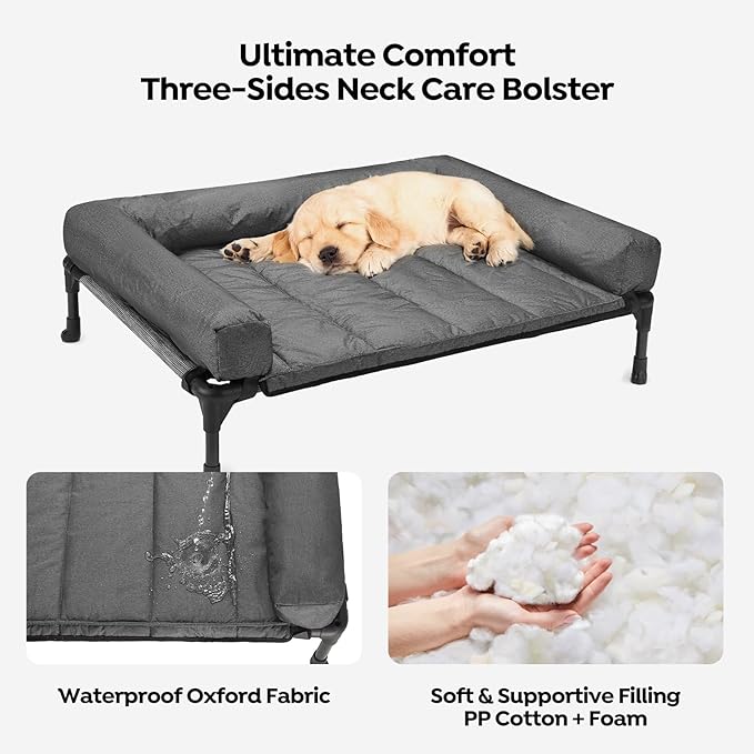 Veehoo Cooling Elevated Dog Bed Add Removable Waterproof Bolster Cushion Mat, Raised Pet Cot with Breathable Teslin Mesh, No-Slip Feet, Dog Sofa Bed for Indoor Outdoor, XLarge, Black Silver