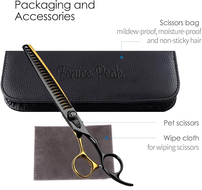 Fenice Peak 7'' Black Dog Grooming Scissors Goldern Chunker Dog Blending Scissors with Ergonomic Offest Handle and Pattern Screw Pet Grooming Thinner Blender Shears Durable and Sharp 440C