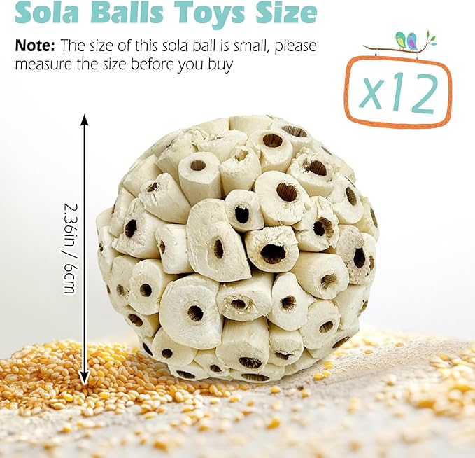 PINVNBY 12 Pack Small Sola Balls Bird Toys Soft & Chewable Bird Chew Ball Natural Sola Plant Lightweight Shred Toy for Parakeet Cockatiel Lovebird Budgie and Similar Sizes Pets