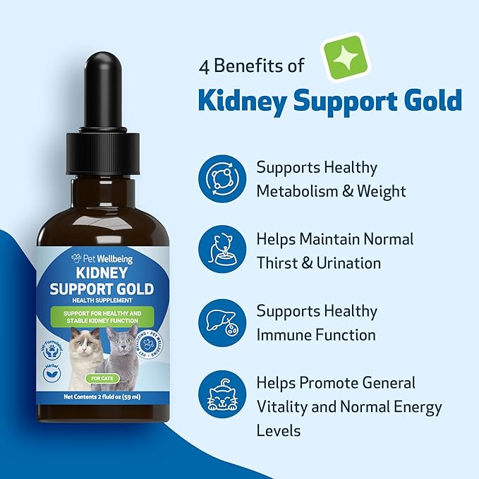 Pet Wellbeing Kidney Support Gold for Cats - Supports Healthy Kidney Function, Fluid Balance, Energy Levels, Rehmannia, Dong Quai - Veterinarian-Formulated Herbal Supplement 2 fl oz (59 ml)