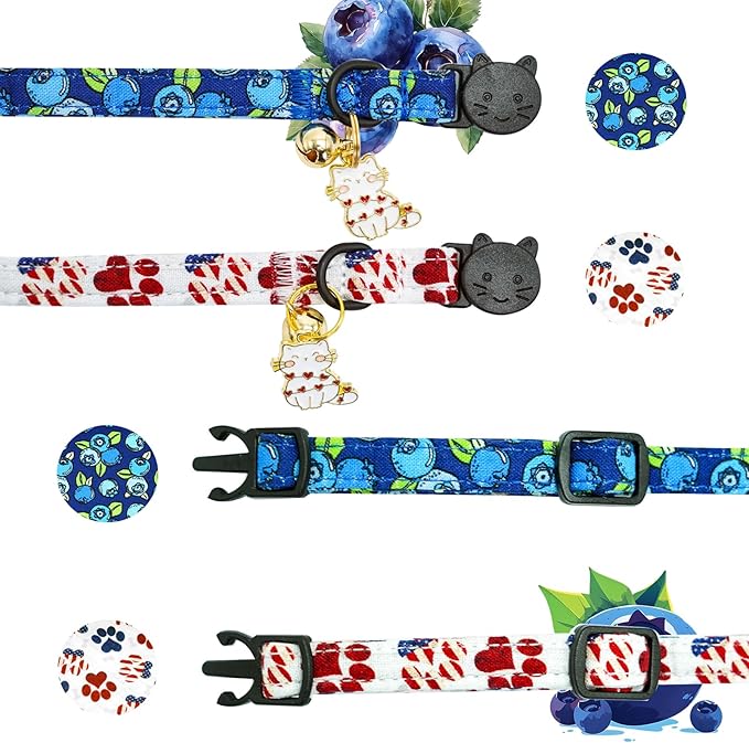 Elegant little tail 2 Pack Cat Collar- Blueberry Cotton Breakaway Cat Collars with Bell Pendant Kitten Boy Girl Safety Adjustable Collar for Small Cats Puppy