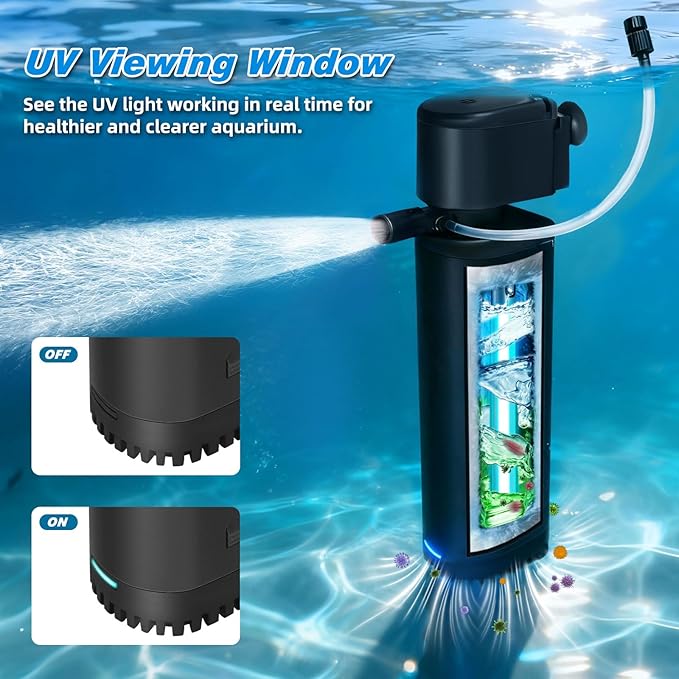 300GPH Aquarium Filter, UV Sterilizer for Aquarium for 45-120 Gallon, Submersible Pump Filter for Green Water Algae Clean, Ultra-Silent Green Killing Machine with Fish Tank & Turtle Tank Deodorization