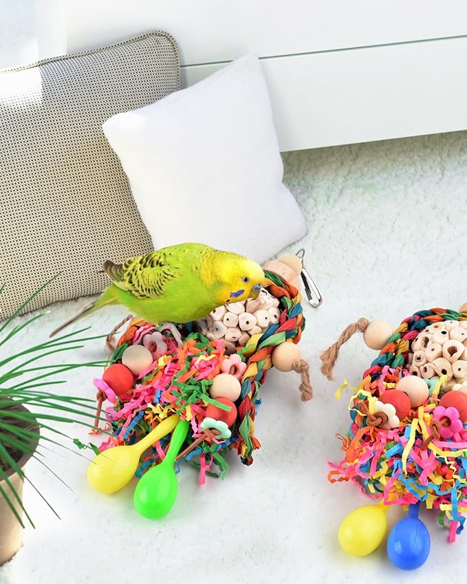 Bissap Conure Toys, 2PCS Bird Parrot Foraging Shredder Hanging Toys Sola Balls with Sand Hammer for Small Parrots Parakeets Conures Cockatiels Love Birds Cage Toy