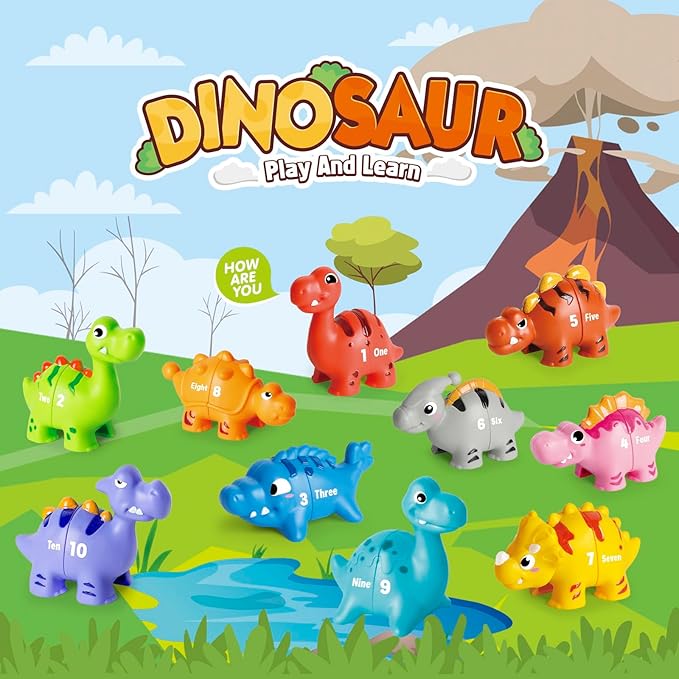 20 PCS Dinosaur Number Learning Toys for Toddlers Kids 3-5, 10 Different Dinosaur Figures, Double Sided Number Matching Game, Preschool Activities Montessori Fine Motor Toys for Toddlers Kids