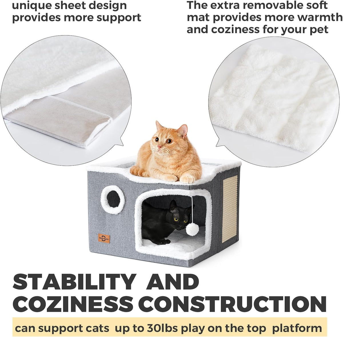 Cat Bed for Indoor Cats,Covered Cat Cave House & Furniture with Scratch Pad,Foldable Cat Hideaway Hut Cute Cat Condo with Soft Washable Mat for Multi Small Pet Under 30 lbs,Dark Grey