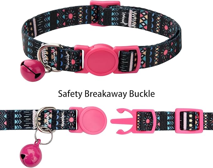 Cat Collar Breakaway with Bells, 3 Pack Girl Boy Pet Cat Collar with Bohemia Floral Tribal Geometric Patterns, Adjustable 7.5-12 Inch, with Safety Buckle for Kitten Cat(Set B)