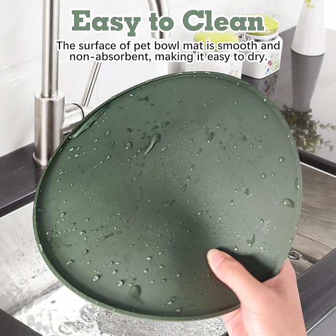 BNOSDM Silicone Cat Feeding Mat 2 Pack Dog Bowl Mats Pet Silicone Food Mat for Food and Water Nonslip Waterproof Feed Mats Round Eating Plate for Small and Medium Cats and Dogs (Dark Green)