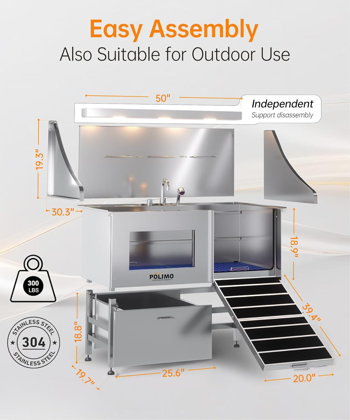 POLIMO Dog Washing Station, LED Professional Stainless Steel Dog Bathing Station 50", Dog Grooming Tub for Large, Medium & Small Dog - with Window, Ramp, Drawer, Floor Grate & Faucet (Right RAMP, 50")