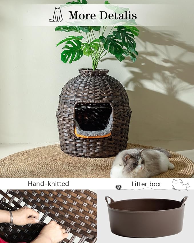 Cat Litter Box Plant Furniture Enclosure, Hidden Handwoven Rattan with Cat Litter Box and Artificial Plants, Odor Control Filter, Real Stones in Living Room, Bedroom, Corner (Brown)